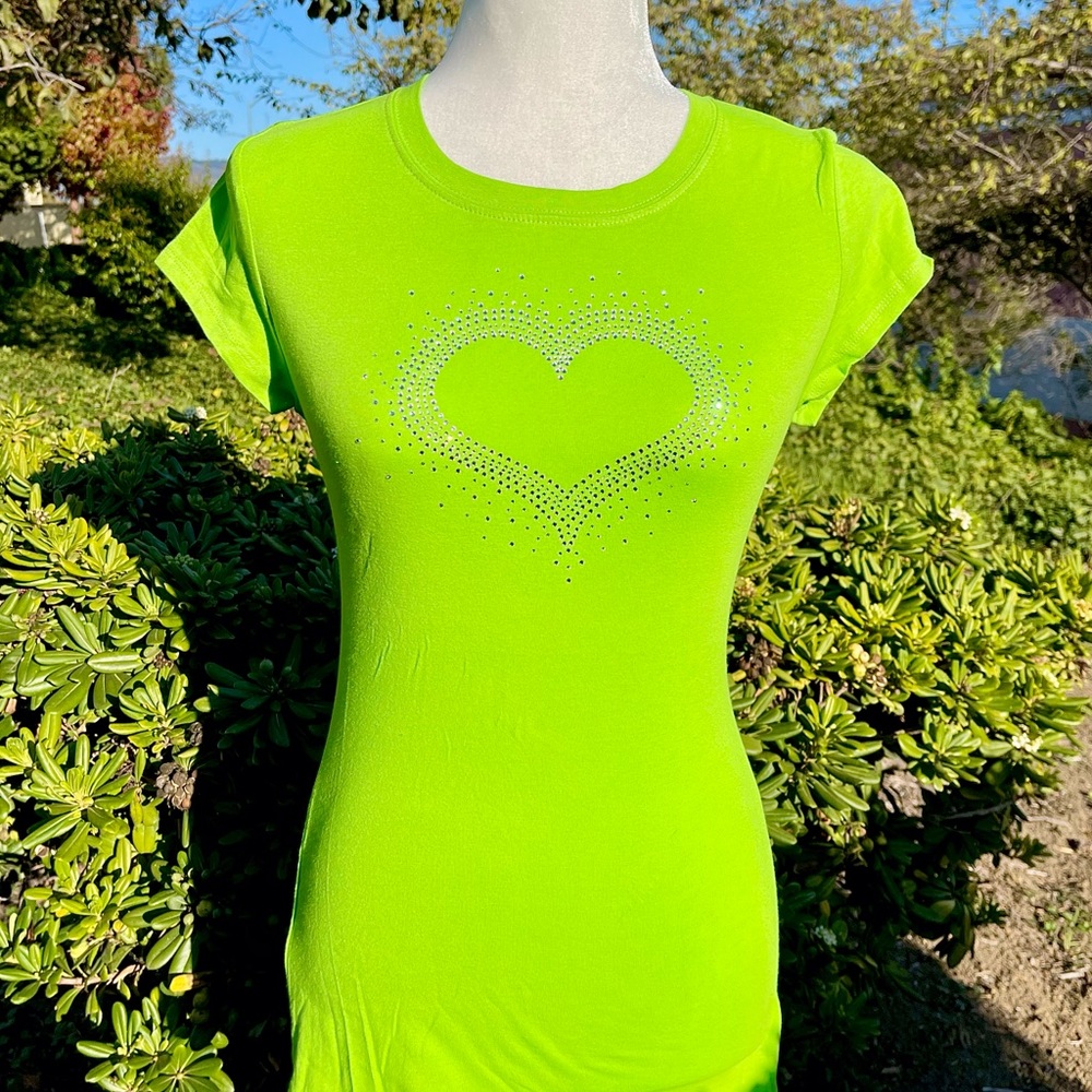 Handmade Rhinestone Detail Heart T-Shirt Slim Tee Green Silver